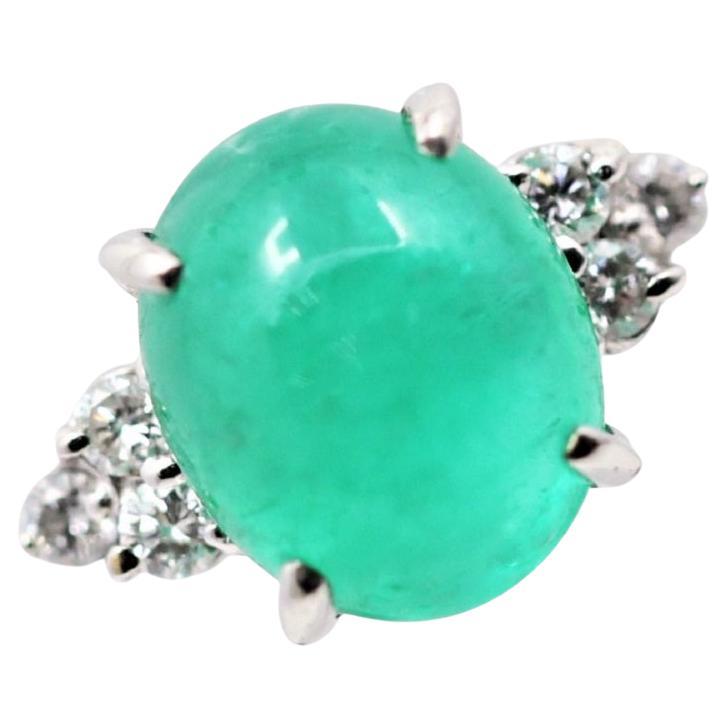 Cabochon Emerald Diamond Platinum Ring For Sale