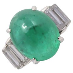 Cabochon Emerald Diamond Platinum Ring