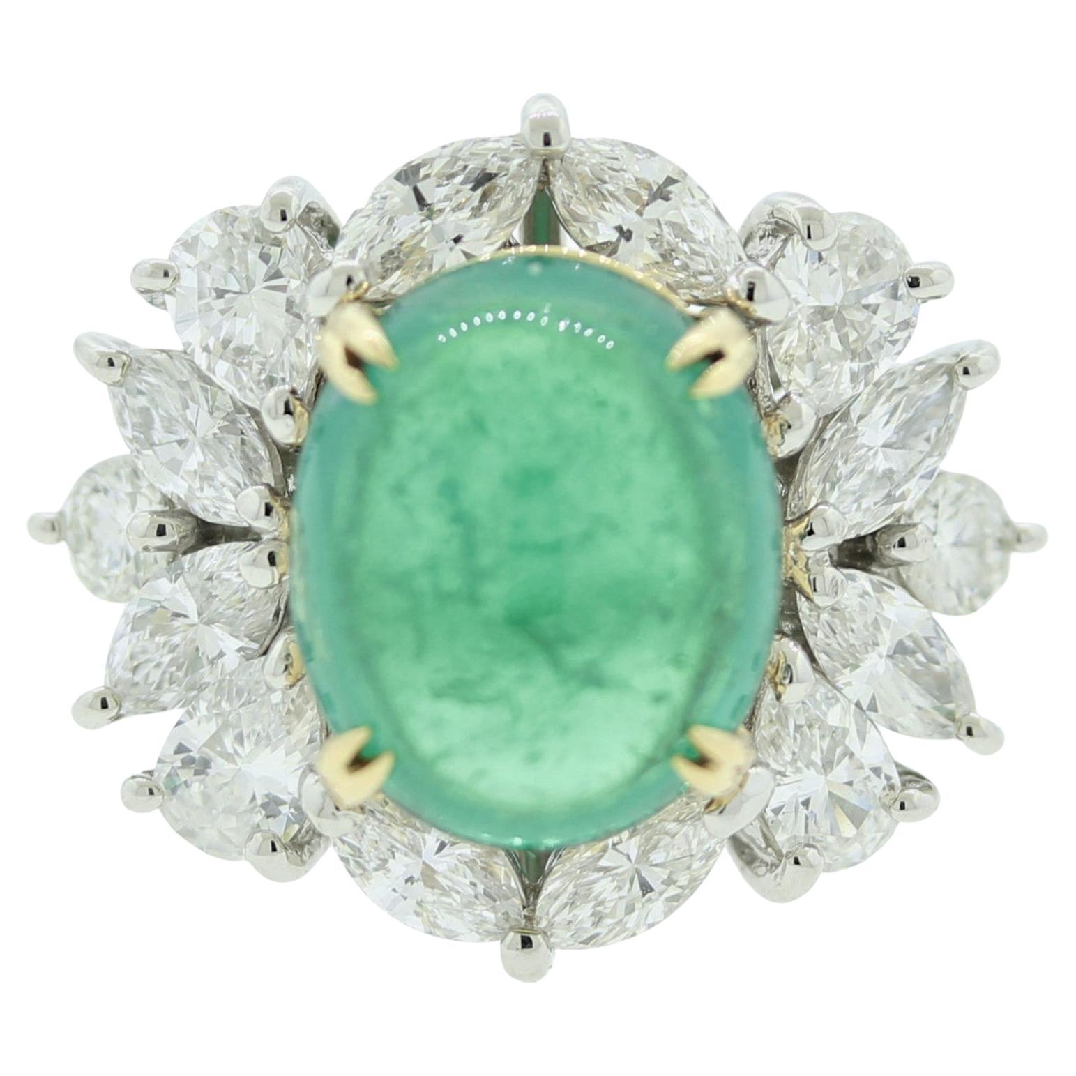 Cabochon Emerald Diamond Platinum Ring For Sale