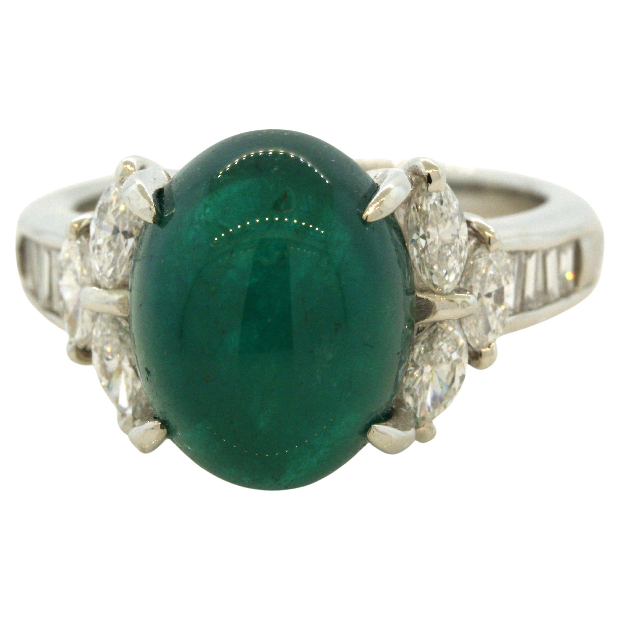 Cabochon Emerald Diamond Platinum Ring For Sale