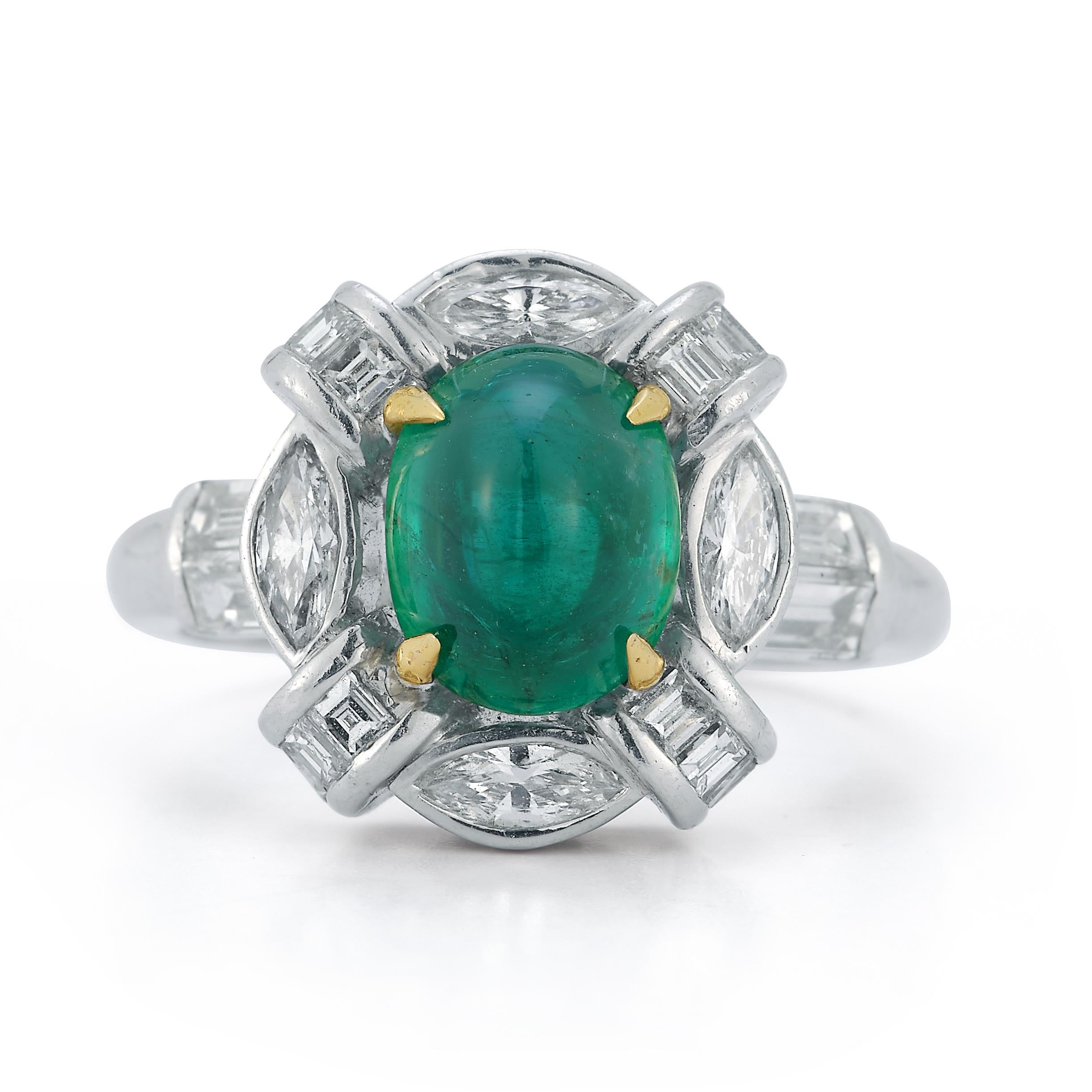 Cabochon Emerald & Diamond Ring

A platinum ring set with a central cabochon emerald encircled by marquise & baguette diamonds

Emerald approximate weight: 2.82ct

Diamonds total approximate weight: 1.44ct

Ring Size: 6.75
Resizable free of charge