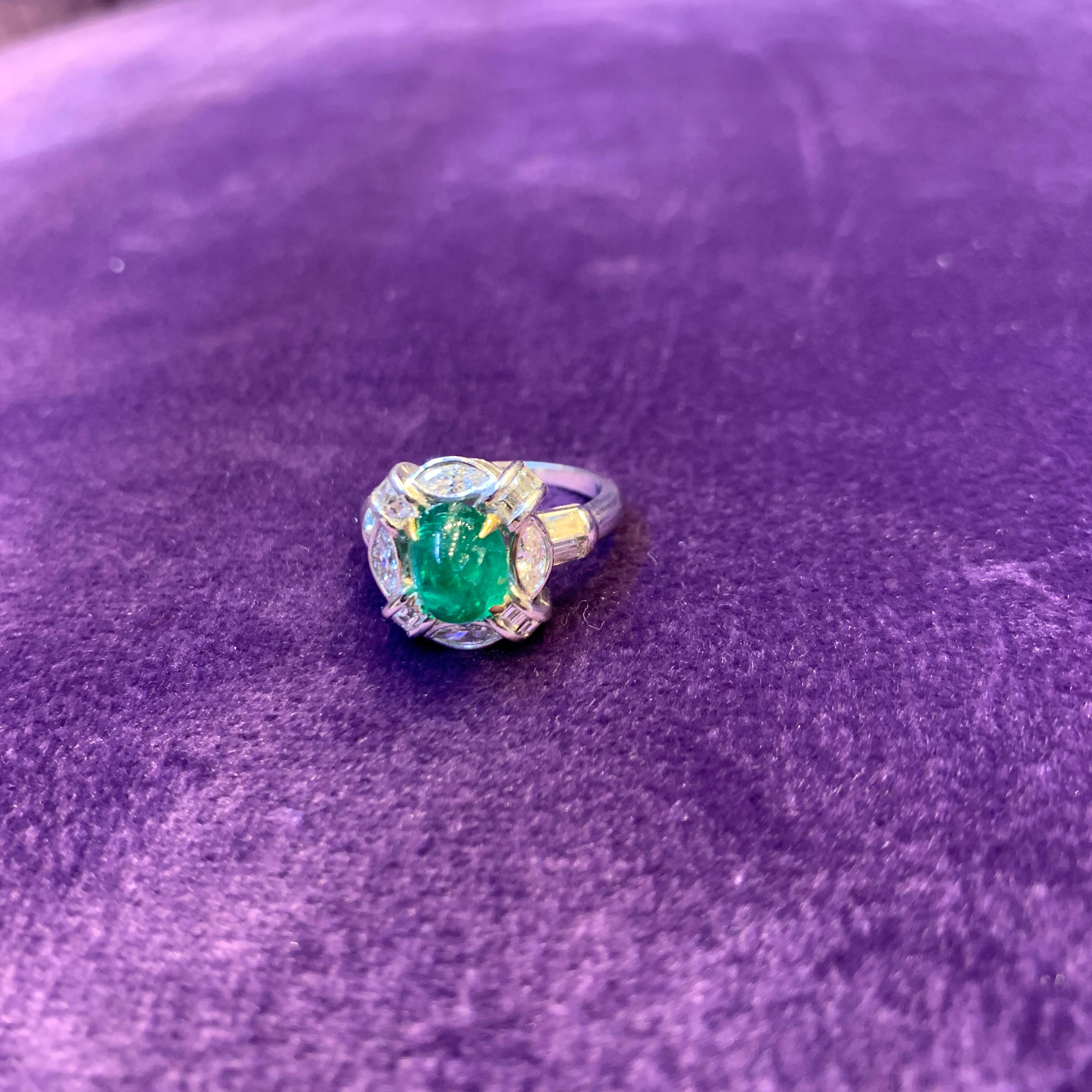 Cabochon Emerald & Diamond Ring For Sale 2