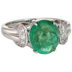 Cabochon Emerald Diamond Ring Vintage Platinum Gemstone Engagement Jewelry