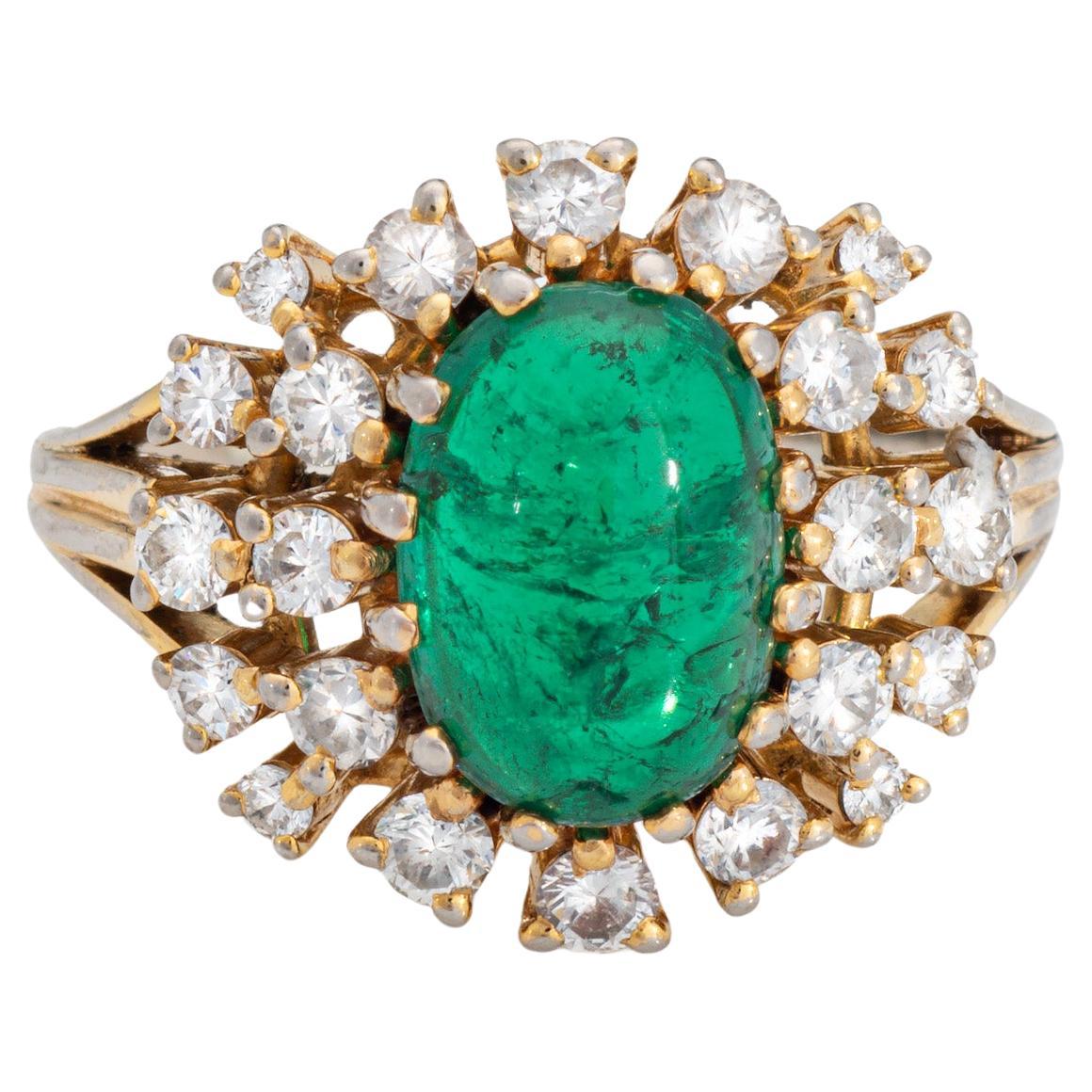 Cabochon Emerald Diamond Ring Vintage Sz 5.75 14k Gold Gemstone Engagement