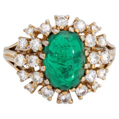 Cabochon Emerald Diamond Ring Vintage Sz 5.75 14k Gold Gemstone Engagement