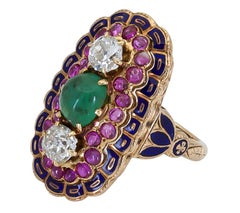 Cabochon Emerald Diamond Ruby Enamel Cocktail Ring