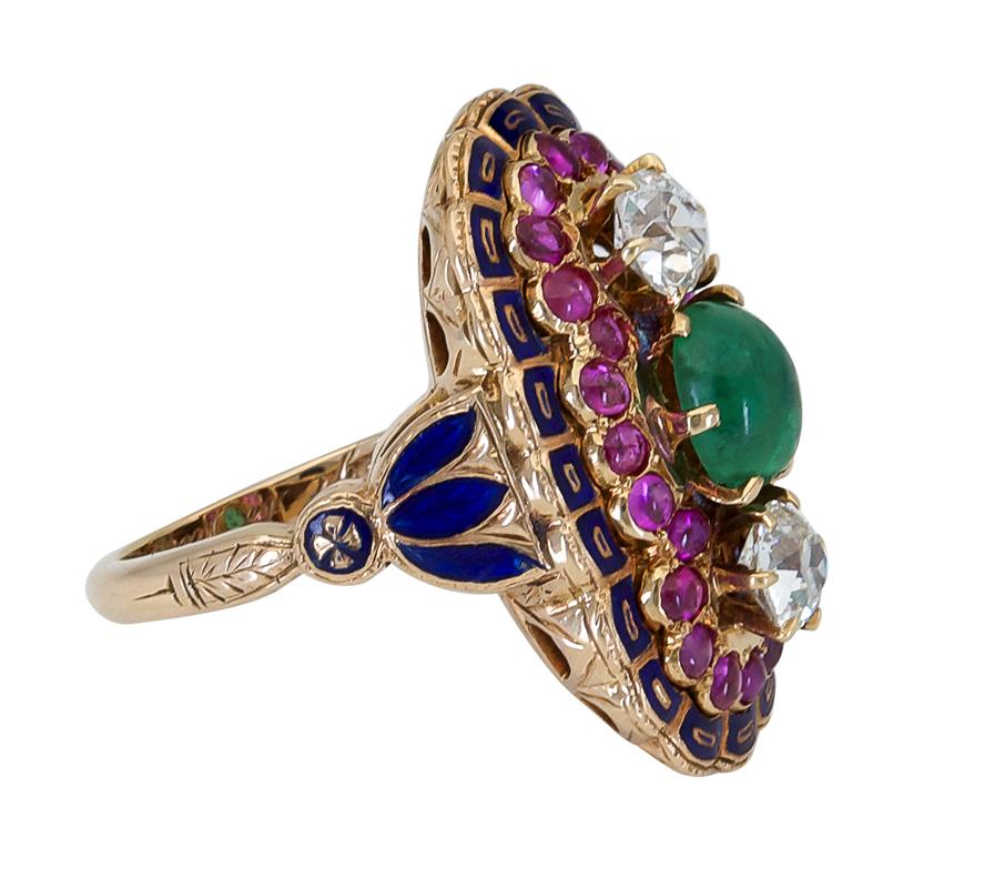 Cabochon Emerald Diamond Ruby Enamel Cocktail Ring In Excellent Condition In New York, NY