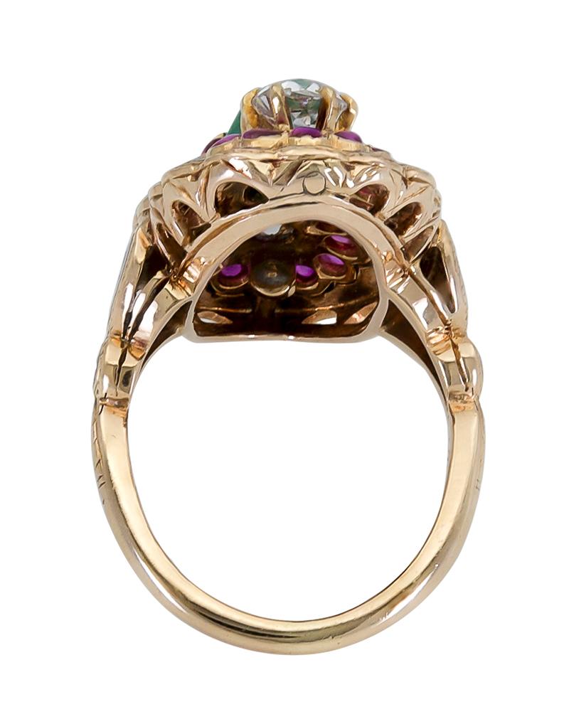 Women's or Men's Cabochon Emerald Diamond Ruby Enamel Cocktail Ring