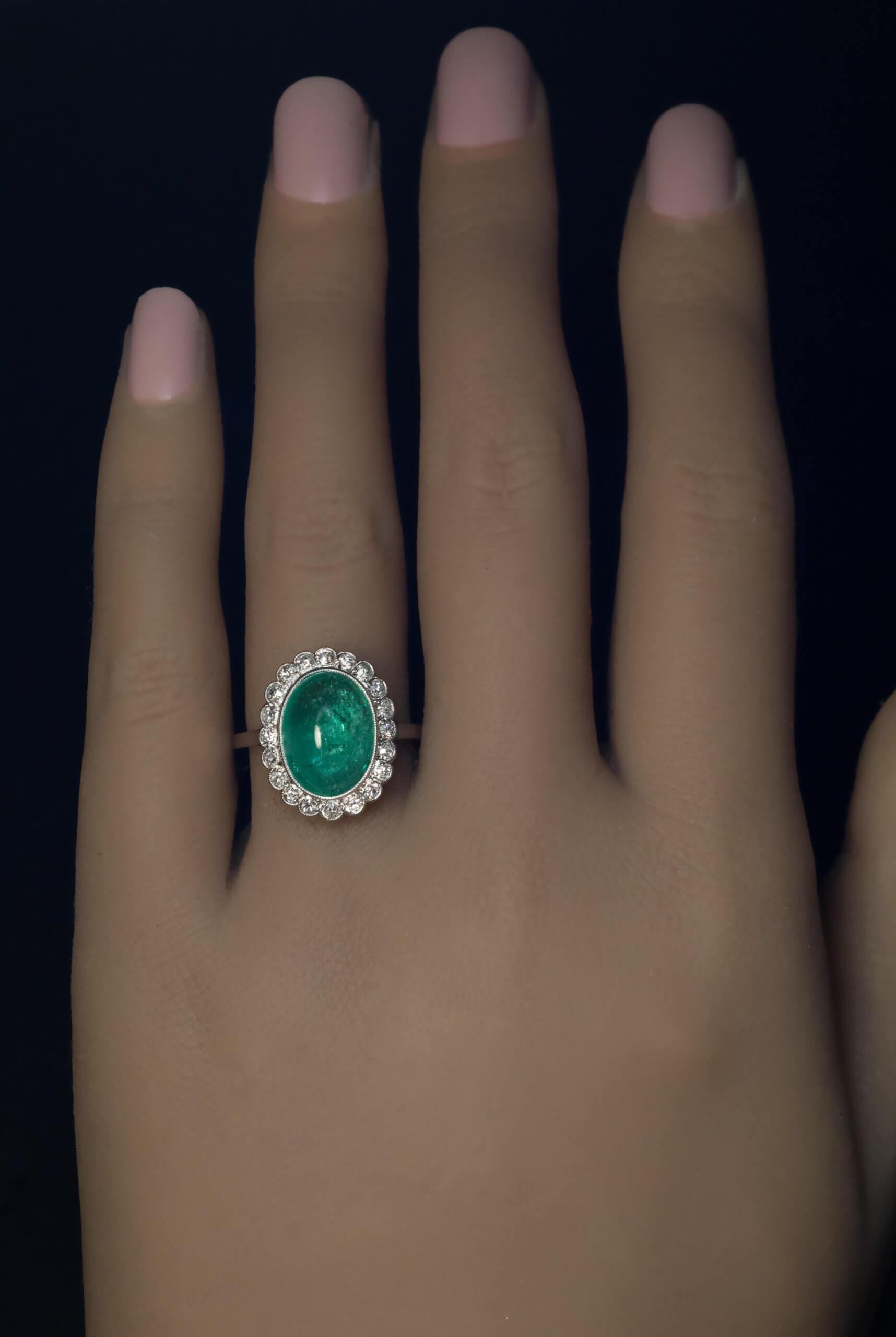 Cabochon Emerald Diamond Vintage Engagement Ring In Excellent Condition In Chicago, IL