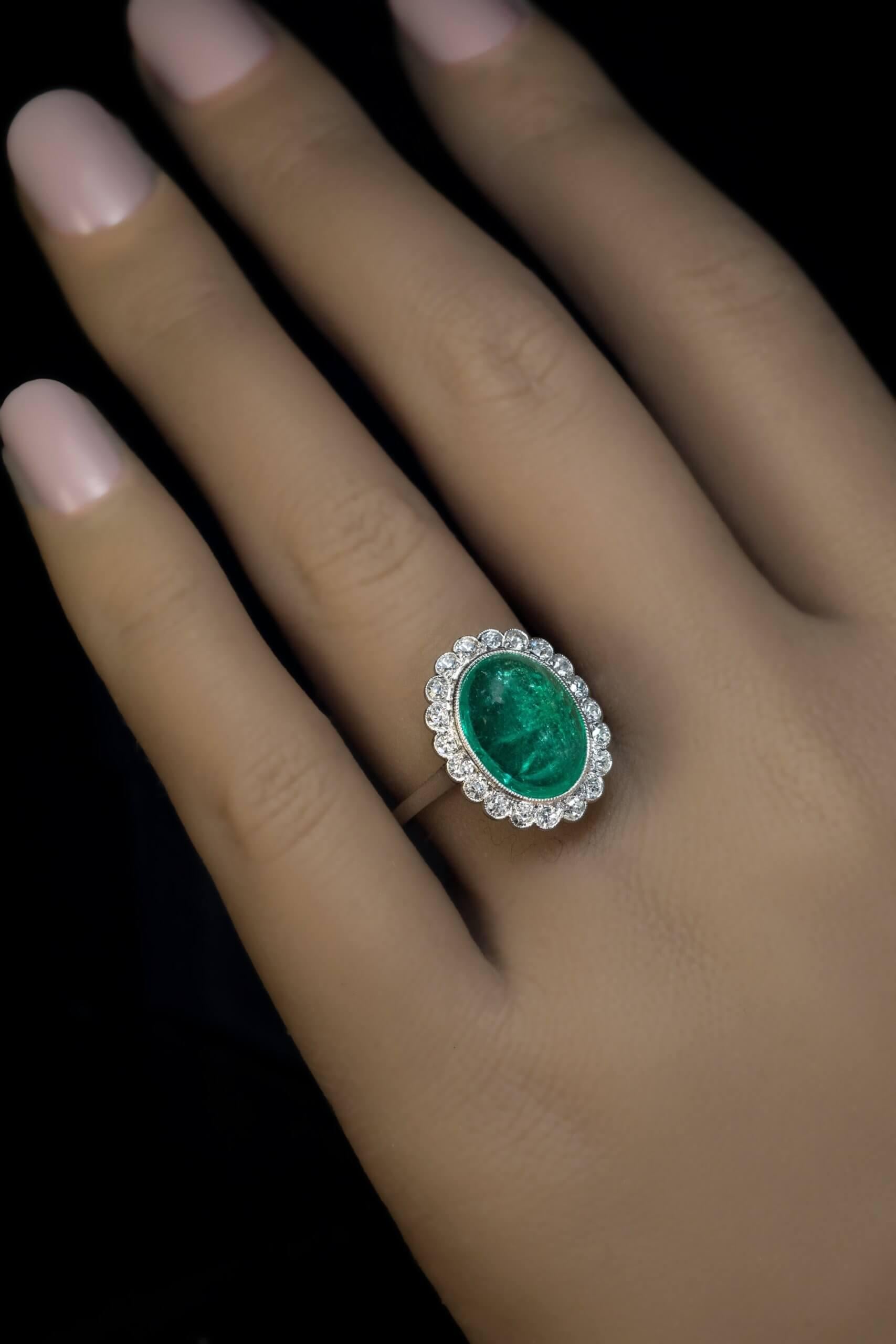 Women's Cabochon Emerald Diamond Vintage Engagement Ring
