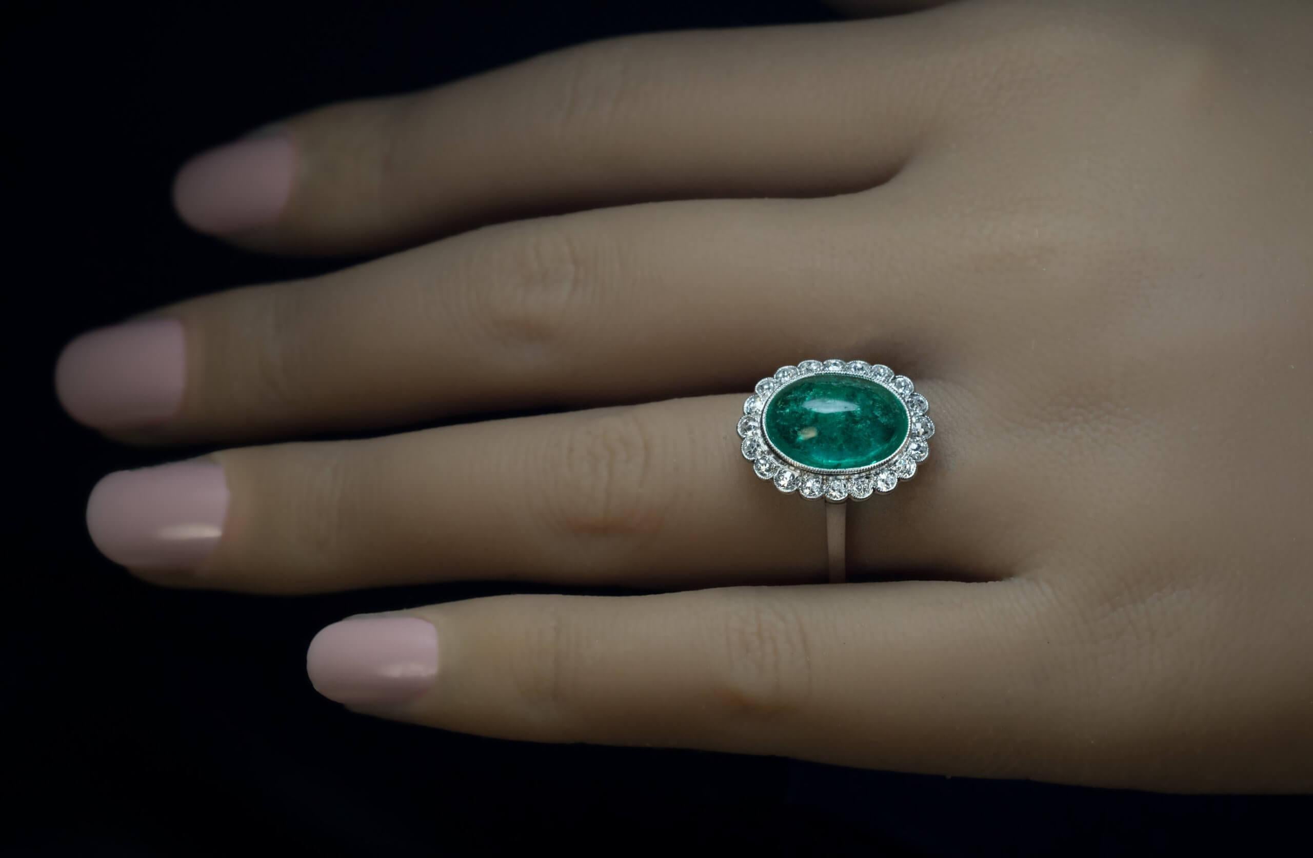 Cabochon Emerald Diamond Vintage Engagement Ring 1