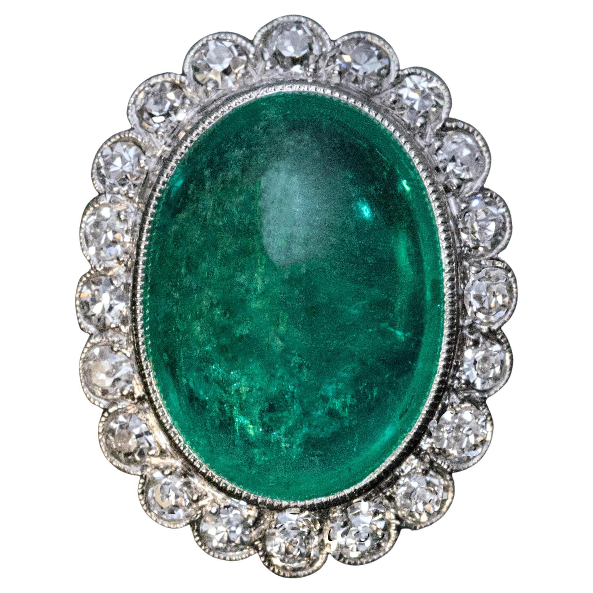 Cabochon Emerald Diamond Vintage Engagement Ring