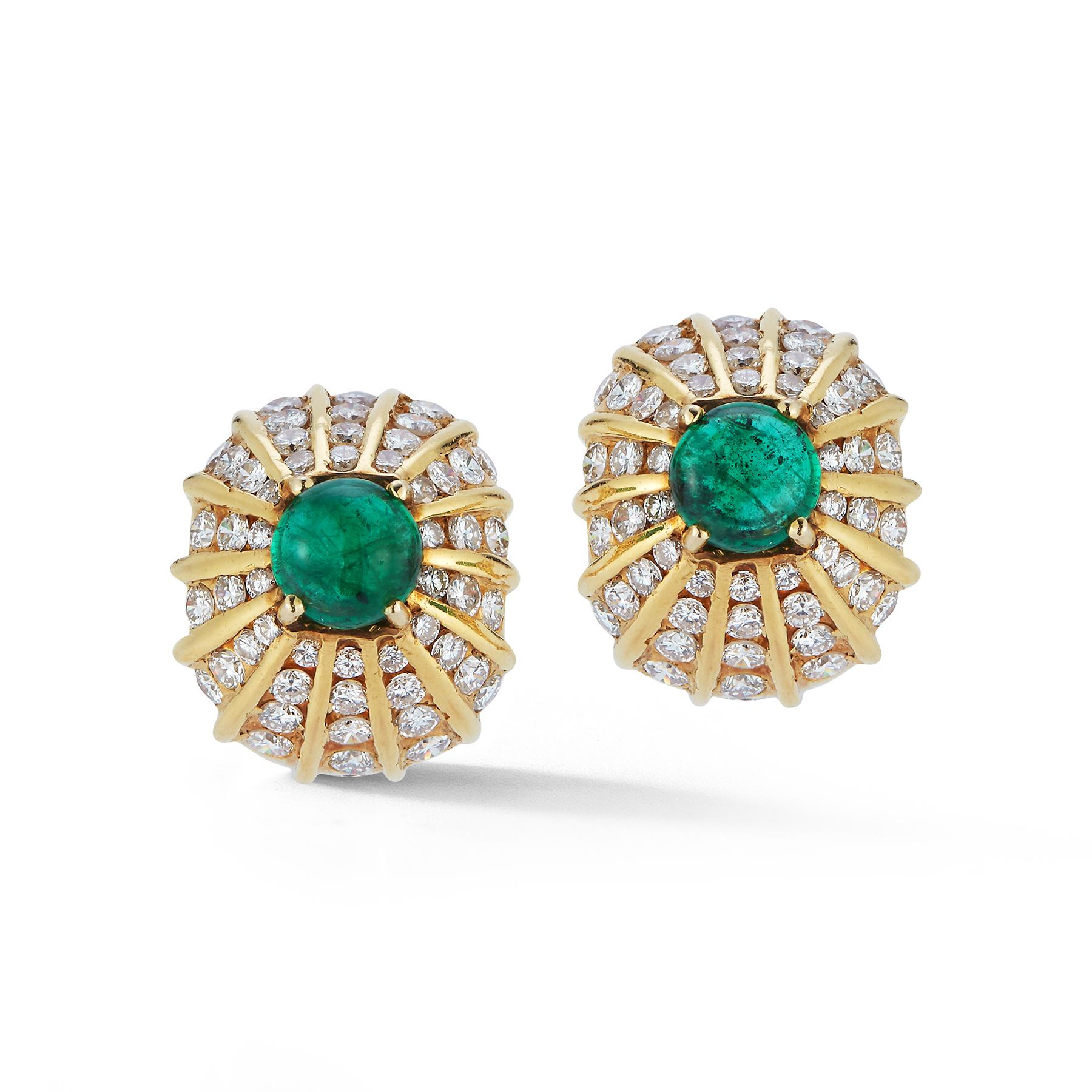 Cabochon Emerald & Diamond Yellow Gold Earrings 

2 cabochon emeralds  approximately 3.45 cts. 
106 round diamonds approximately 3.18 cts 

Measurements: .78