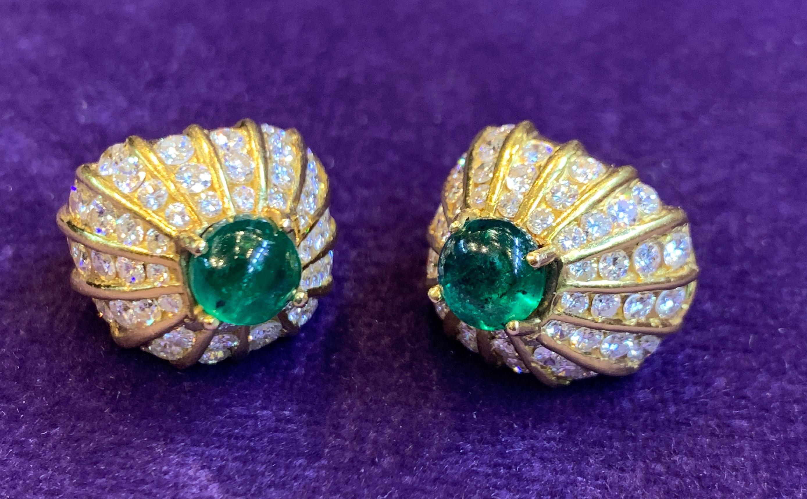 Women's Cabochon Emerald & Diamond Yellow Gold Earrings For Sale