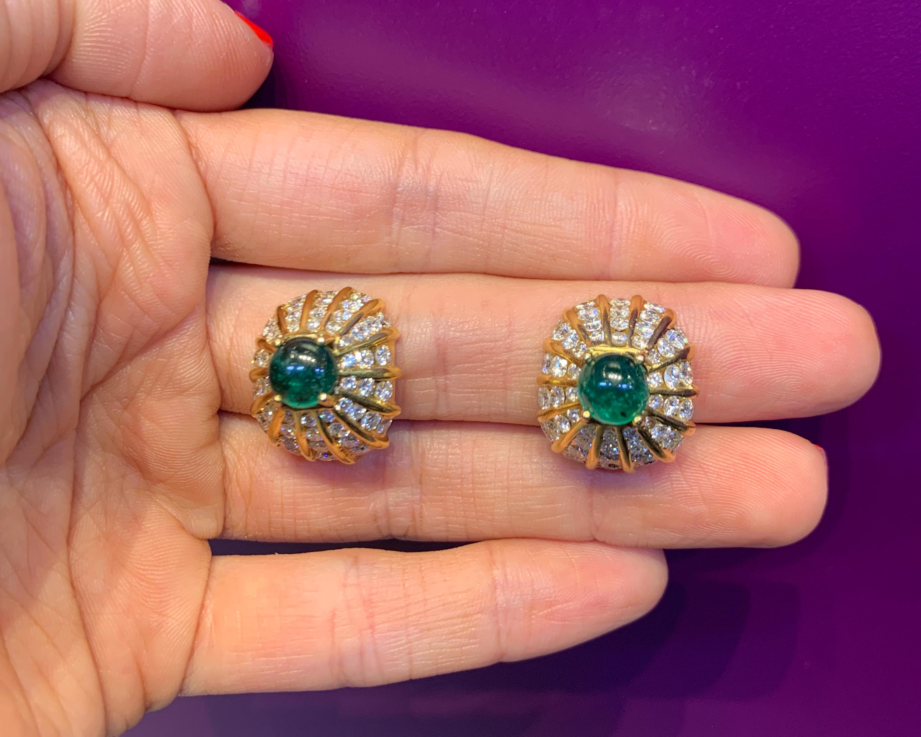 Cabochon Emerald & Diamond Yellow Gold Earrings For Sale 1