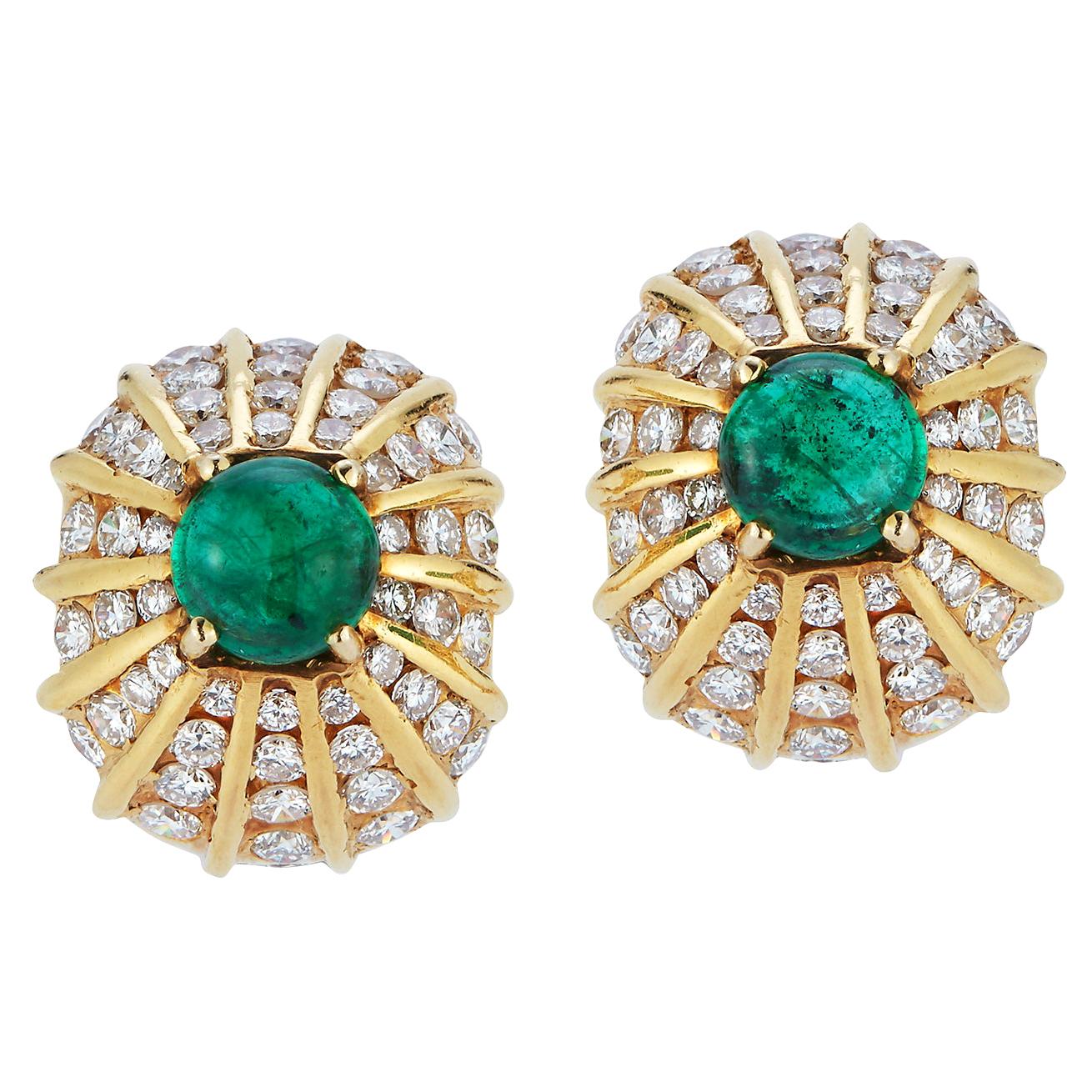 Cabochon Emerald & Diamond Yellow Gold Earrings