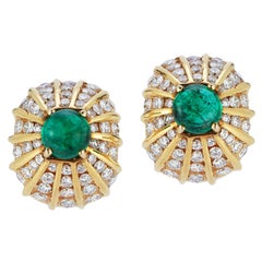 Vintage Cabochon Emerald & Diamond Yellow Gold Earrings