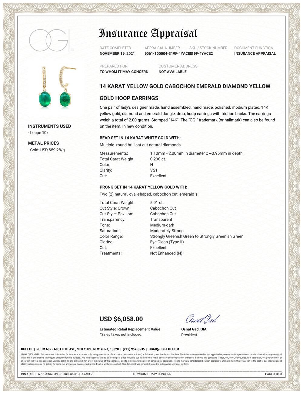 Fourteen karats yellow gold drop hoop earrings 
Two cushion-shaped cabochon emerald weighing 5.91 carat 
Diamonds weighing 0.20 carat 
Emerald hue tone color is of grass green
One of a kind earrings 
New Earrings 
Handmade in the USA
Earrings hoops