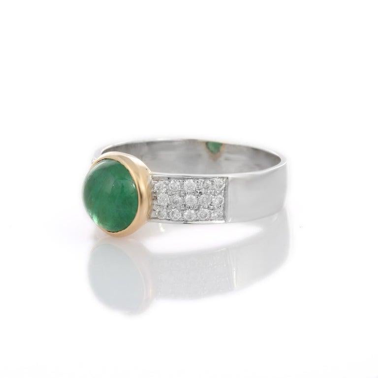 For Sale:  Cabochon Emerald Engagement Band Ring with Diamonds in 18k White/Yellow Gold 11