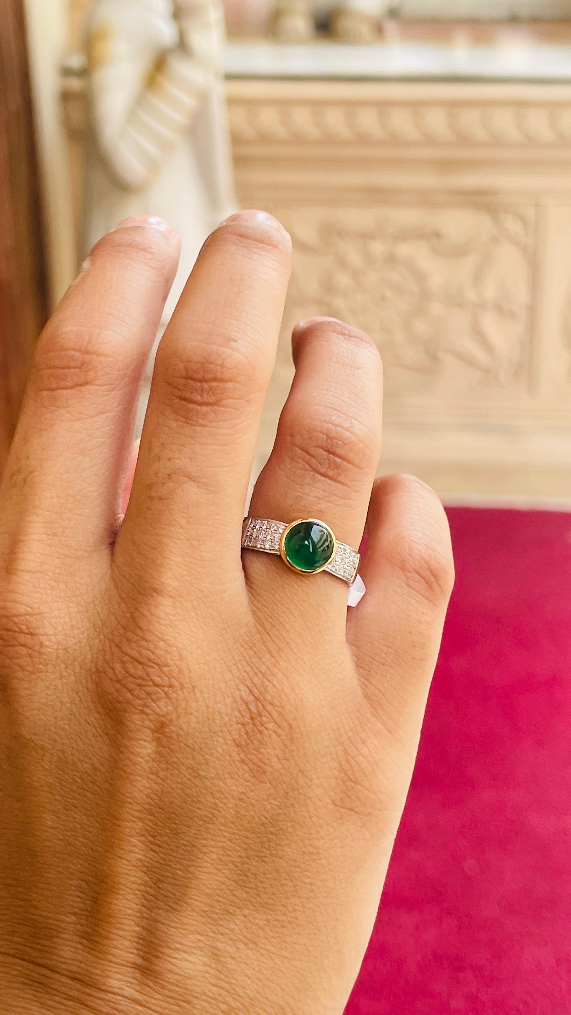 For Sale:  Cabochon Emerald Engagement Band Ring with Diamonds in 18k White/Yellow Gold 2
