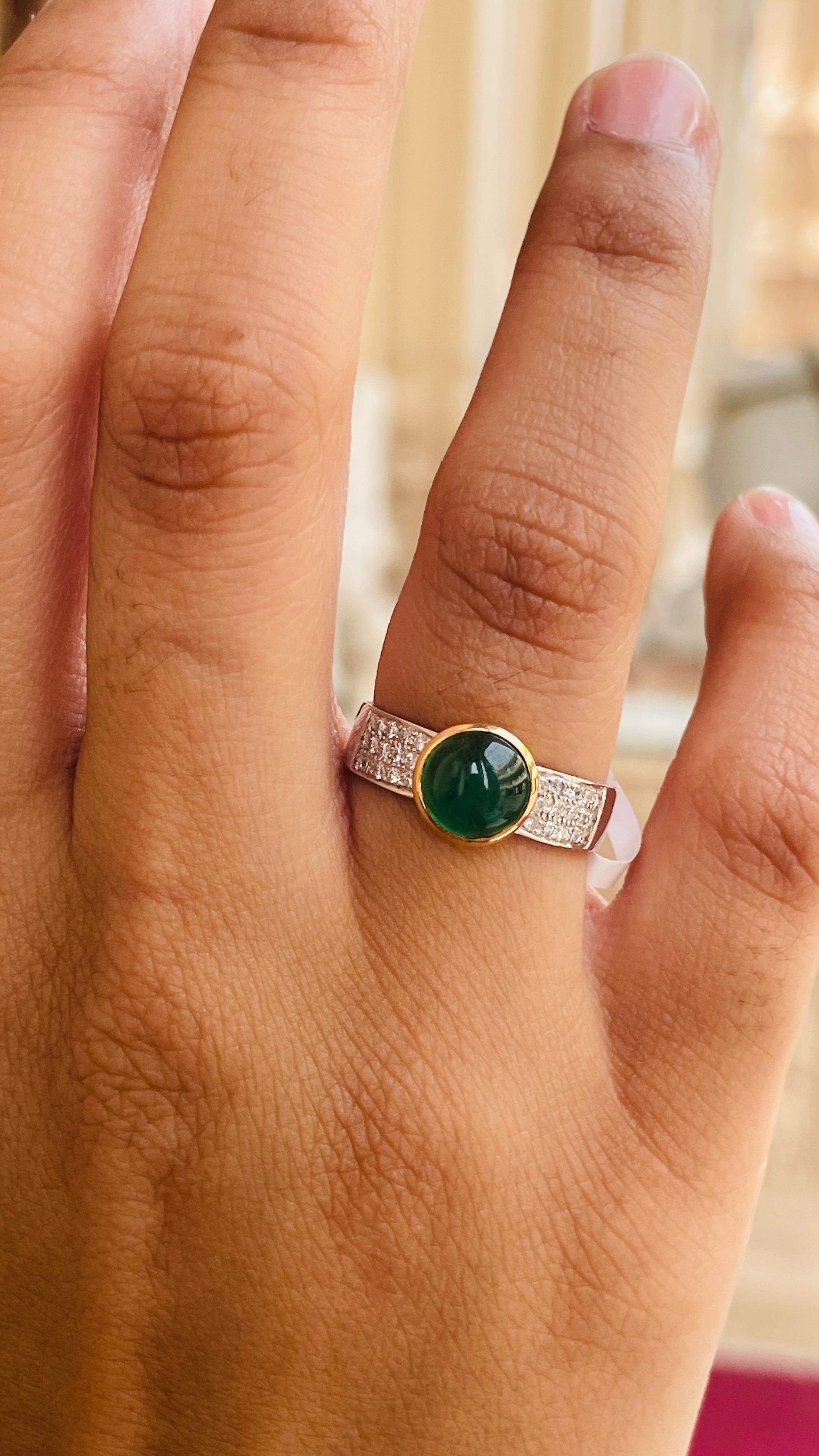 For Sale:  Cabochon Emerald Engagement Band Ring with Diamonds in 18k White/Yellow Gold 3