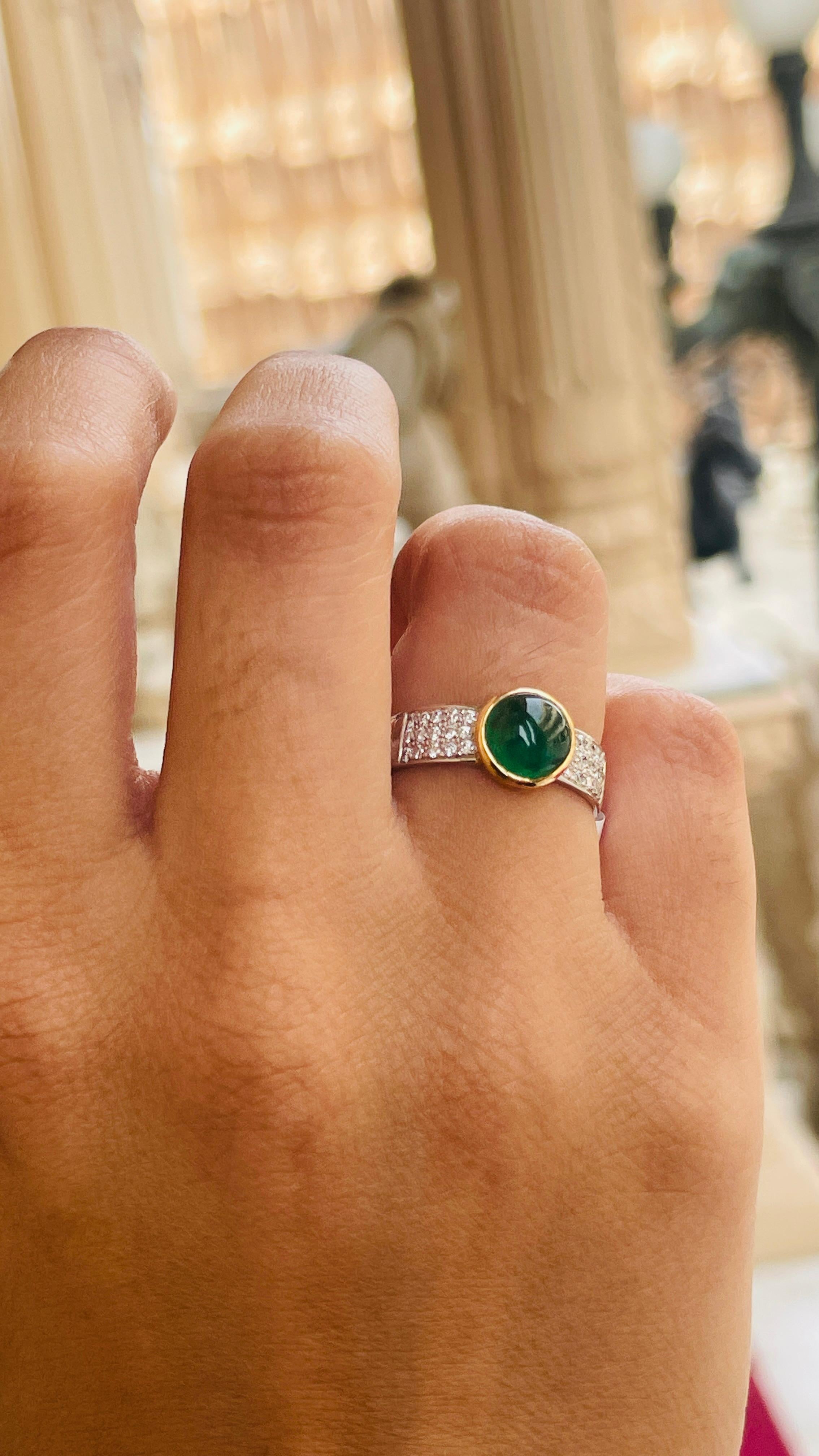 For Sale:  Cabochon Emerald Engagement Band Ring with Diamonds in 18k White/Yellow Gold 5