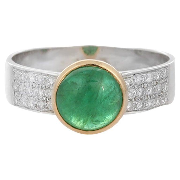 For Sale:  Cabochon Emerald Engagement Band Ring with Diamonds in 18k White/Yellow Gold 9