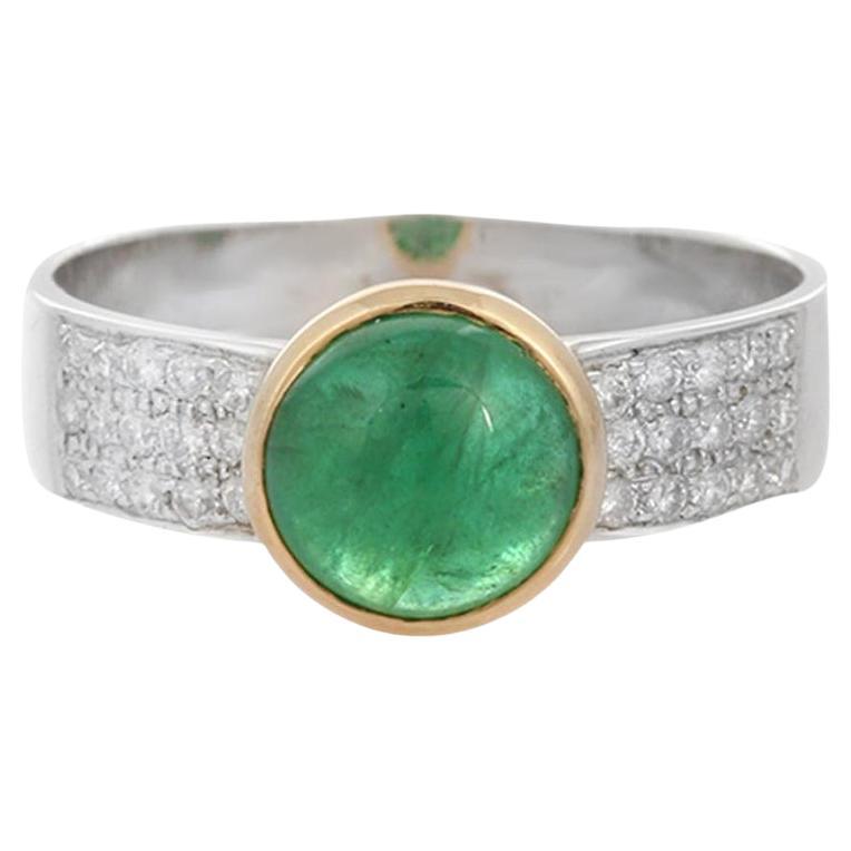 Cabochon Emerald Engagement Band Ring with Diamonds in 18k White/Yellow Gold