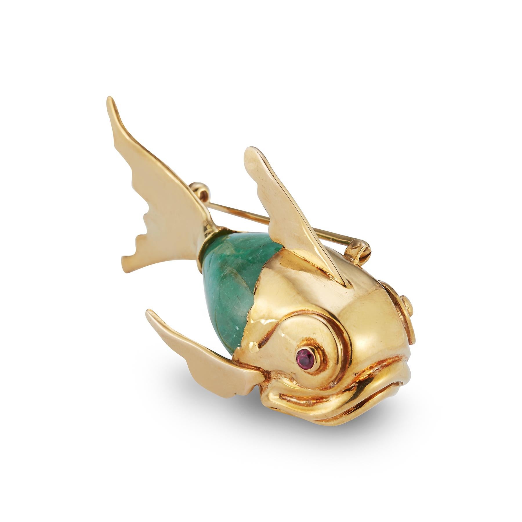Cabochon Emerald Fish Brooch Pendant 
1 round cut ruby as the eye.
14 karat gold
Measurements: 2