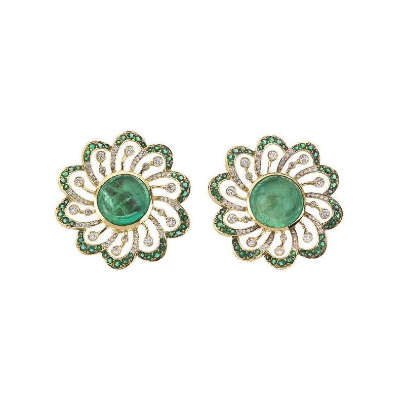 Cabochon Emerald Flower Earrings For Sale