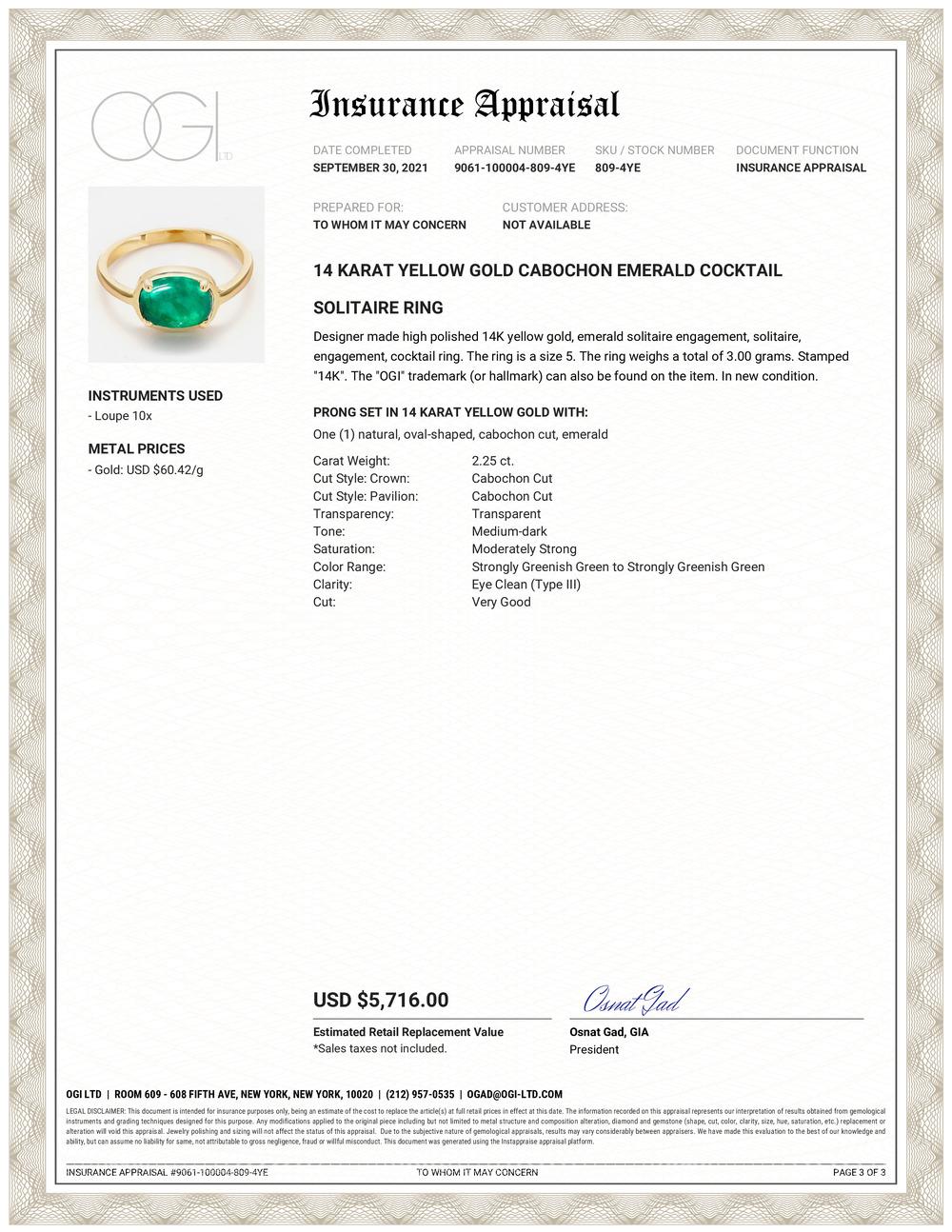 Fourteen karats yellow gold ring
Cabochon emerald weighing 2.25 carat                                                                      
Ring size 5 In Stock
The ring can be resized 
New Ring
Handmade in the USA
Our design team select gemstones