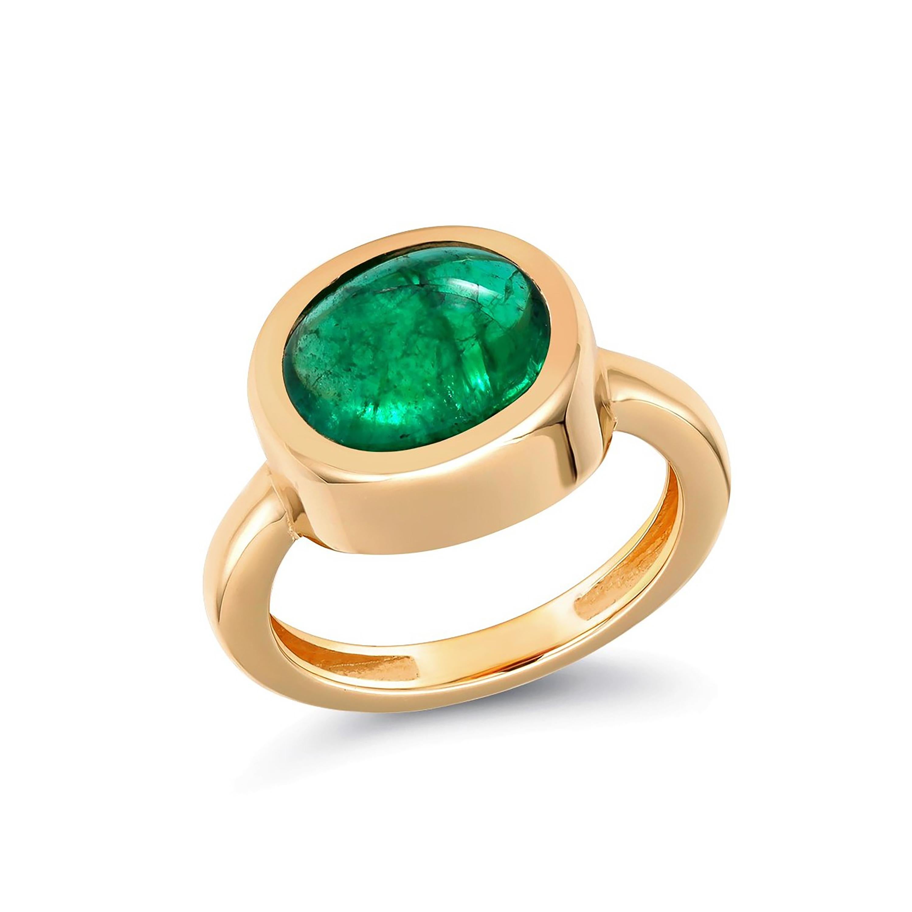 Oval Cut Cabochon Emerald High Dome Yellow Gold Cocktail Solitaire Ring
