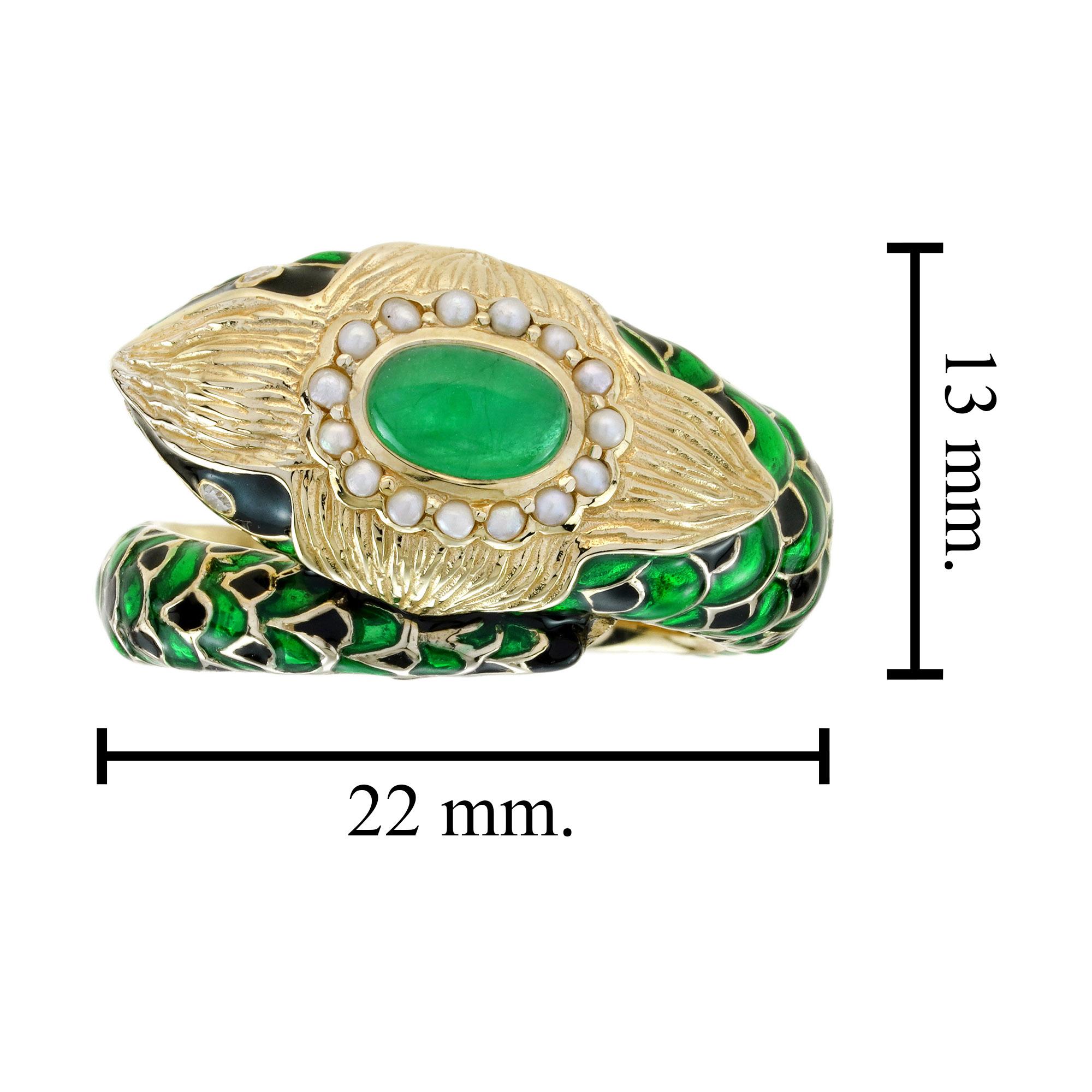 Cabochon Emerald Pearl Enamel Antique Style Green NAKA Snake Ring in 9K Gold For Sale 4
