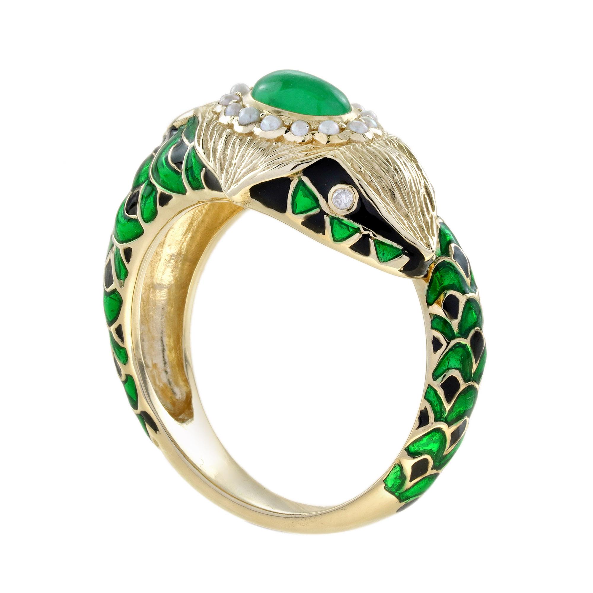 Art Deco Cabochon Emerald Pearl Enamel Antique Style Green NAKA Snake Ring in 9K Gold For Sale