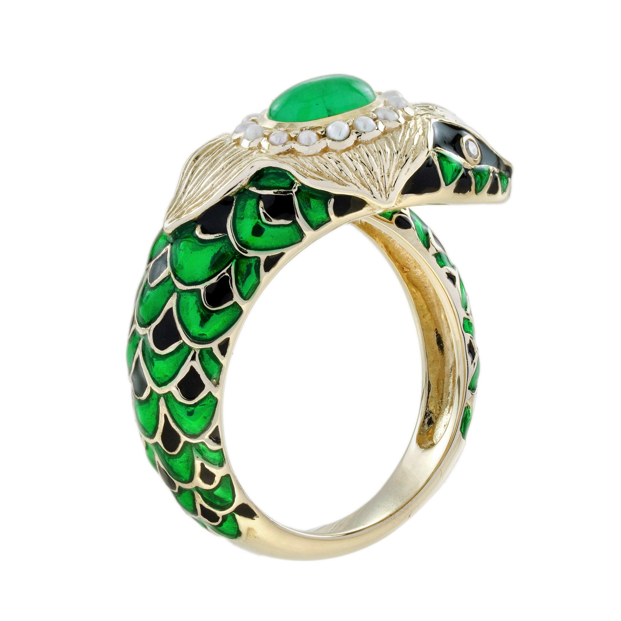 Oval Cut Cabochon Emerald Pearl Enamel Antique Style Green NAKA Snake Ring in 9K Gold For Sale