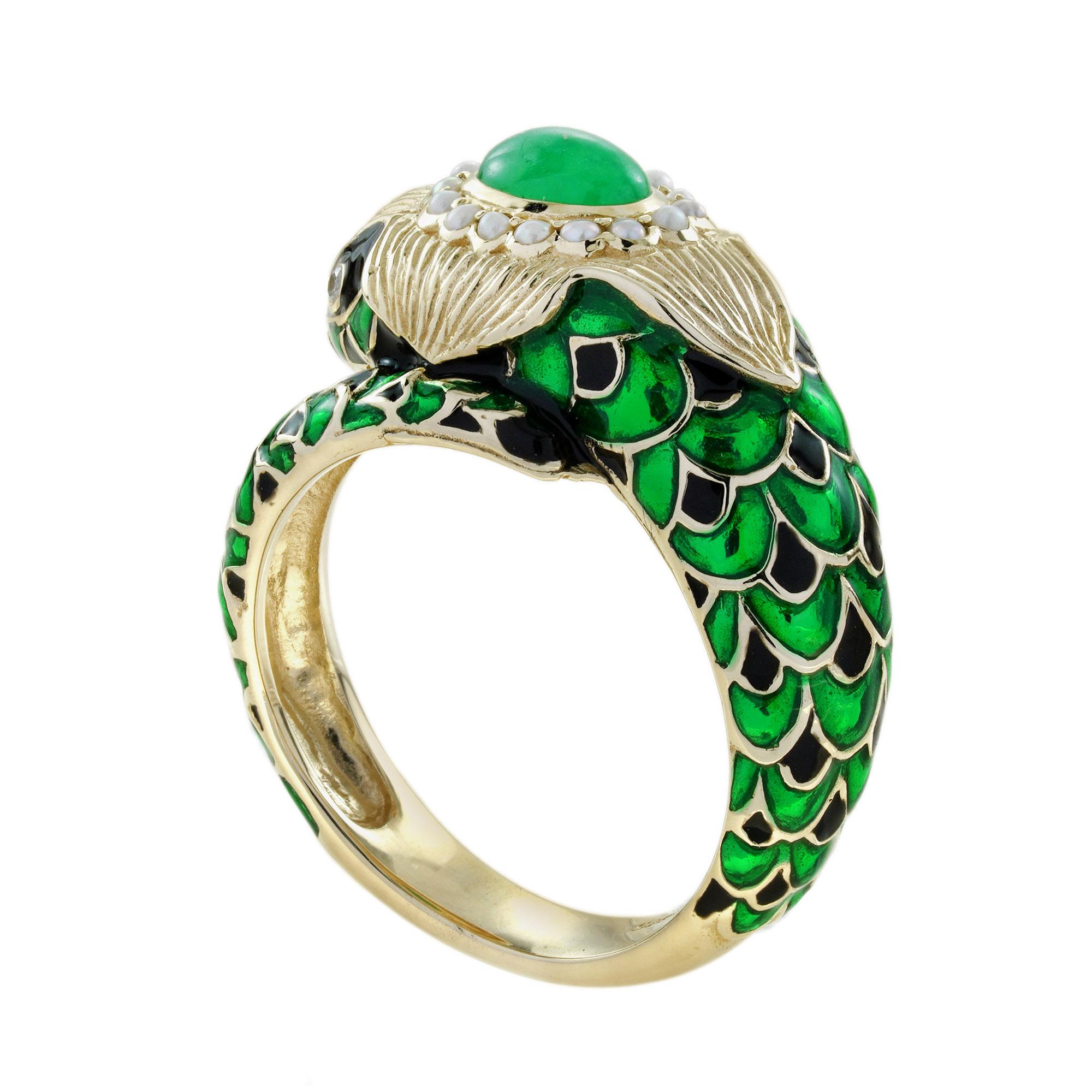 Cabochon Emerald Pearl Enamel Antique Style Green NAKA Snake Ring in 9K Gold In New Condition For Sale In Bangkok, TH