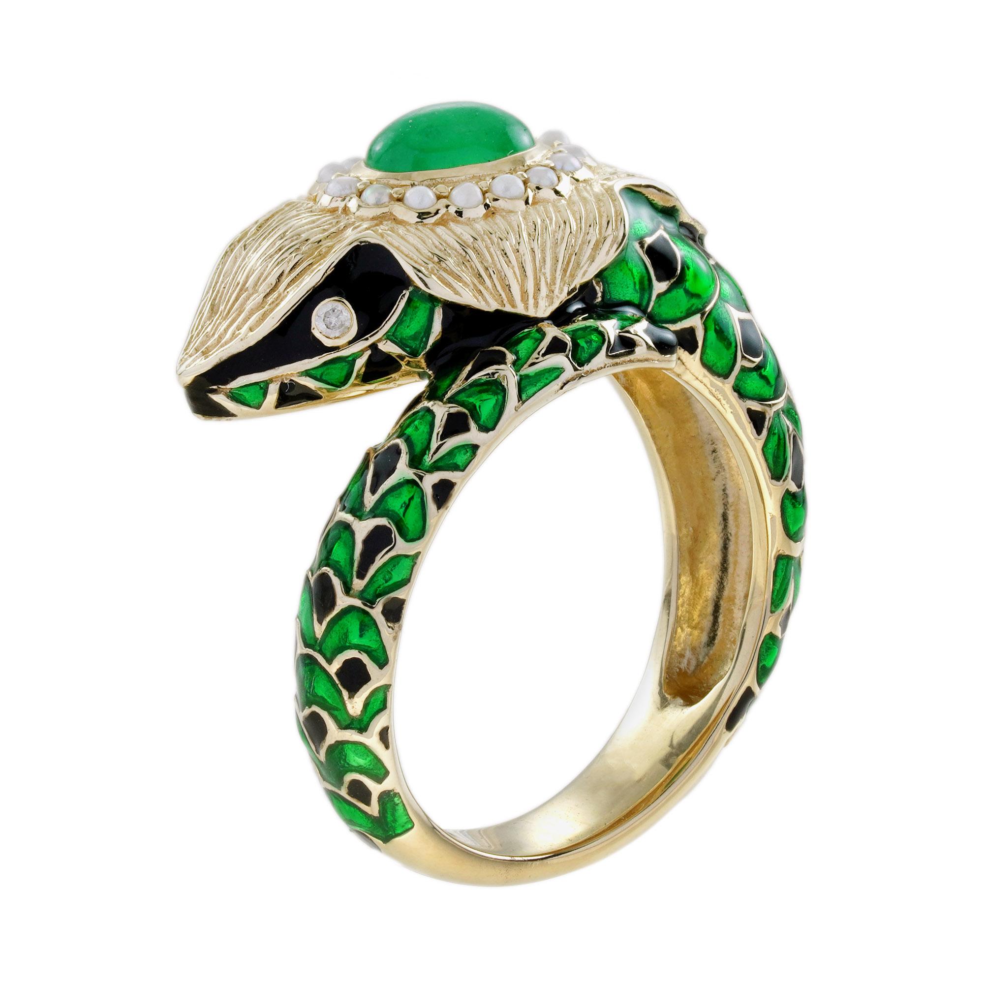 Women's Cabochon Emerald Pearl Enamel Antique Style Green NAKA Snake Ring in 9K Gold For Sale