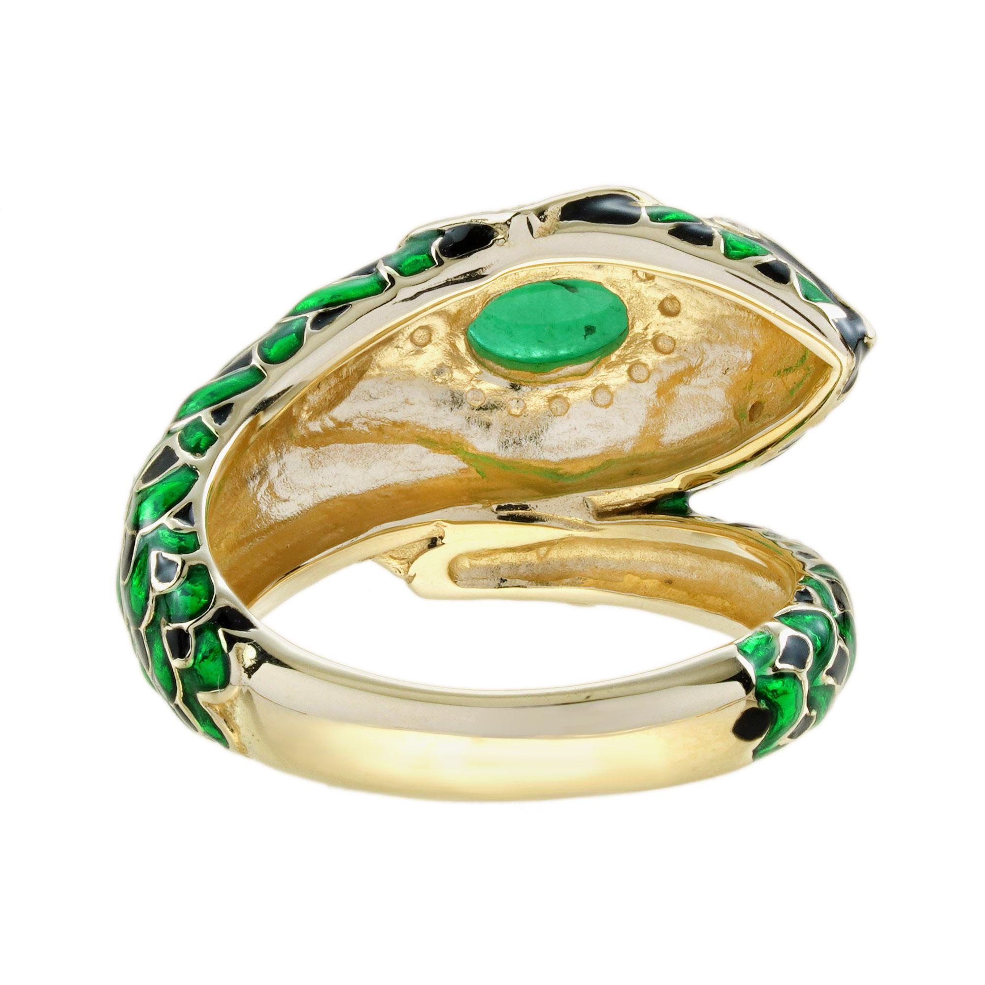 Cabochon Emerald Pearl Enamel Antique Style Green NAKA Snake Ring in 9K Gold For Sale 1