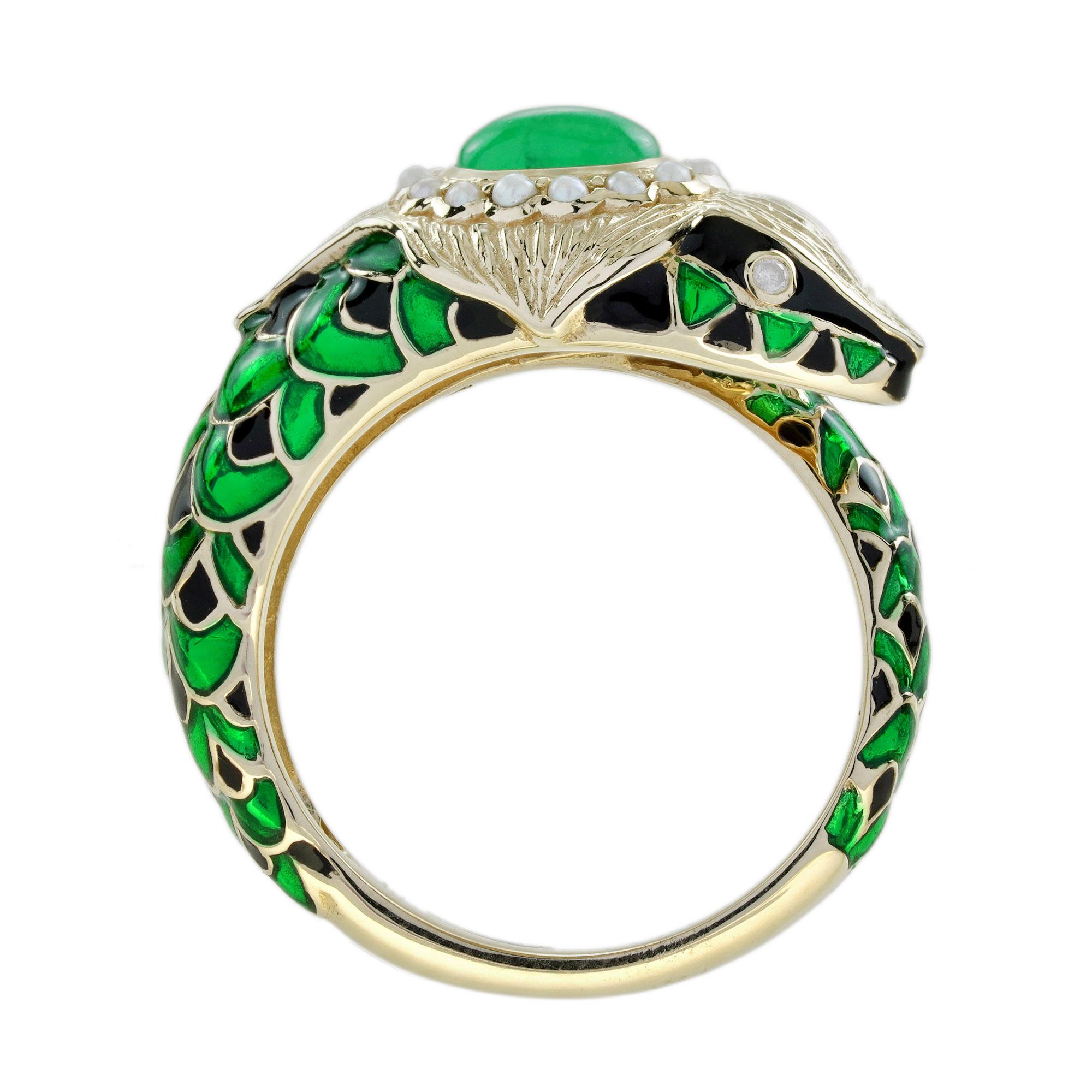 Cabochon Emerald Pearl Enamel Antique Style Green NAKA Snake Ring in 9K Gold For Sale 2