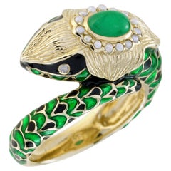Cabochon Emerald Pearl Enamel Antique Style Green NAKA Snake Ring in 9K Gold