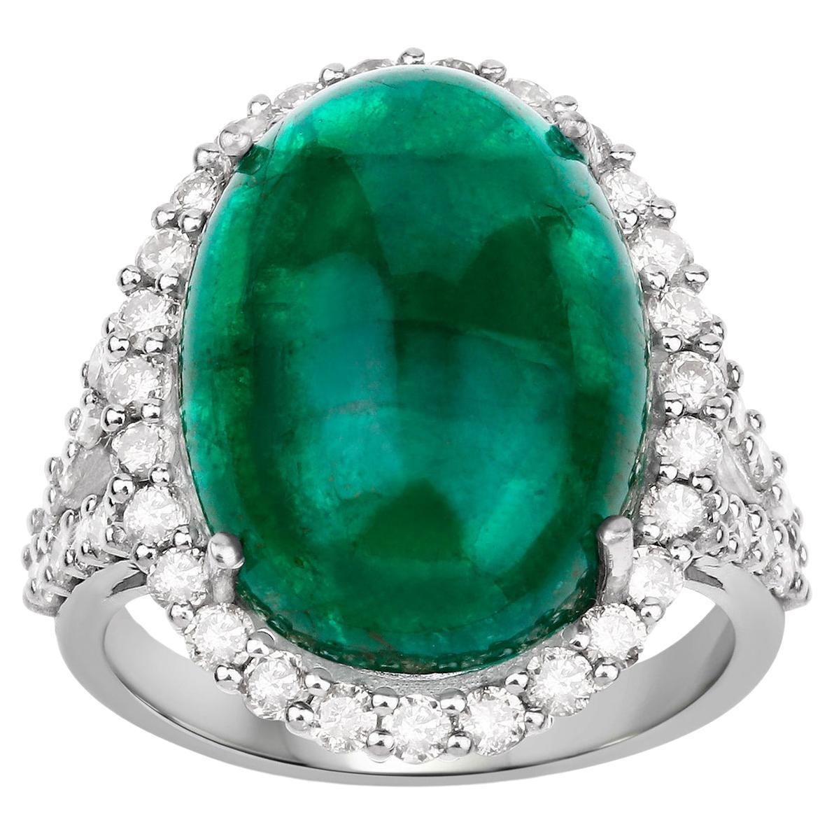 Cabochon Emerald Ring With Diamonds 18.04 Carats Rhodium Plated Sterling Silver