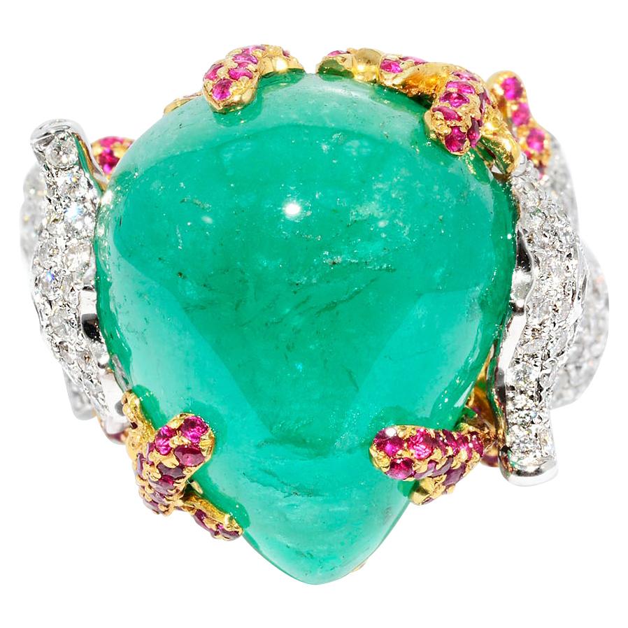 Cabochon Emerald, Round Diamond, Ruby, Sea Horse Ring 18 Karat 2-Tone For Sale