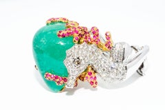 Cabochon Emerald, Round Diamond, Ruby, Sea Horse Ring 18 Karat 2-Tone