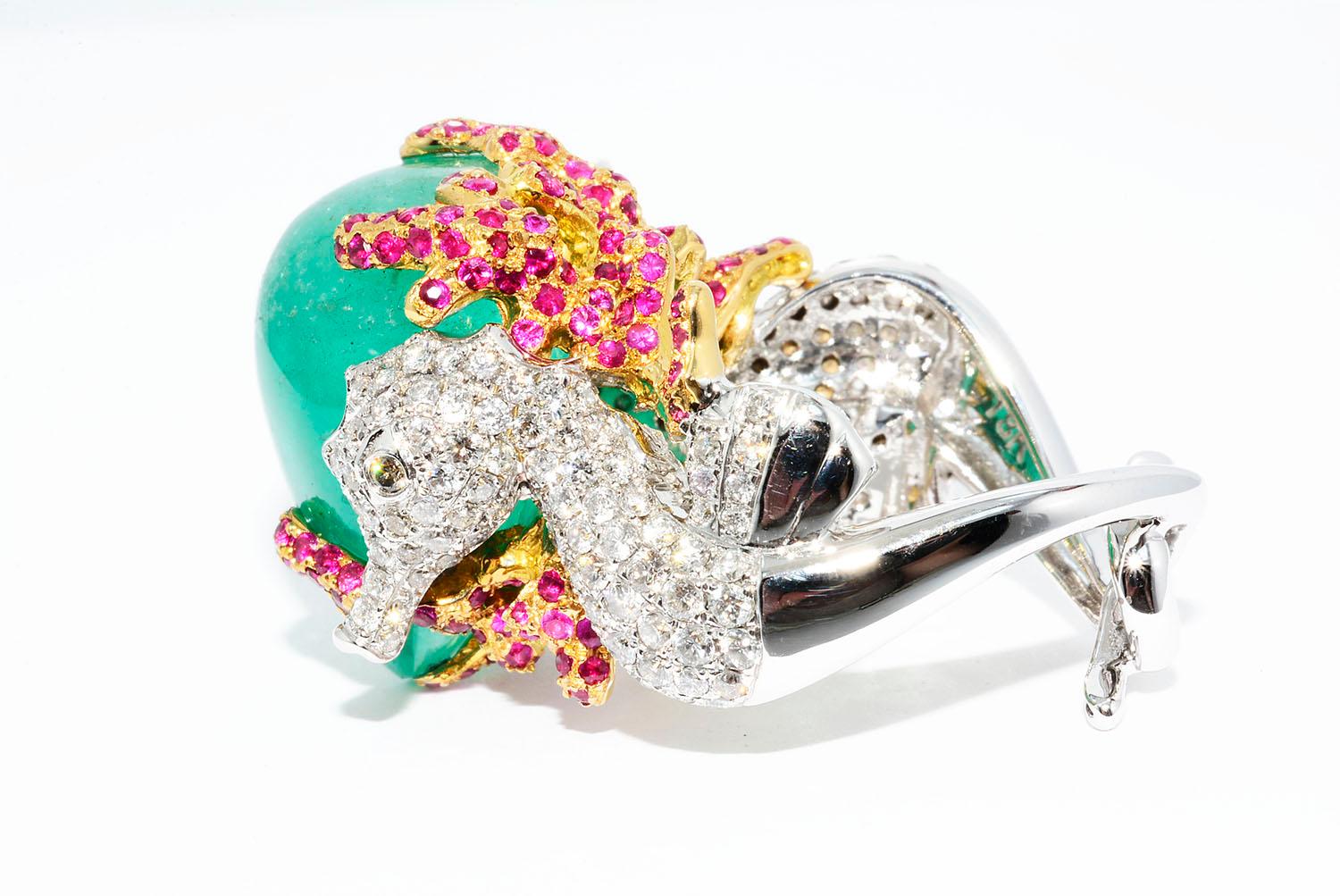 Modern Cabochon Emerald, Round Diamond, Ruby, Sea Horse Ring 18 Karat 2-Tone For Sale