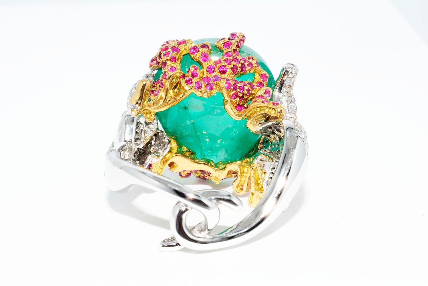 Pear Cut Cabochon Emerald, Round Diamond, Ruby, Sea Horse Ring 18 Karat 2-Tone For Sale