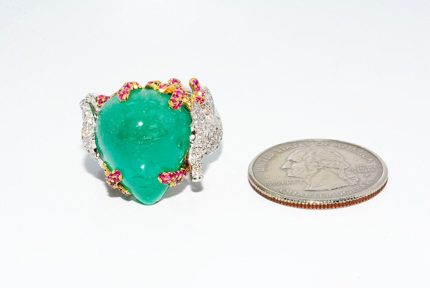 Cabochon Emerald, Round Diamond, Ruby, Sea Horse Ring 18 Karat 2-Tone For Sale 3