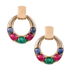 Cabochon Emerald, Ruby and Sapphire Ear Hoops, Signed "Seaman Schepps"