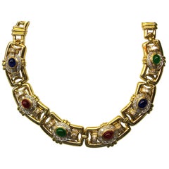 Cabochon Emerald, Ruby and Sapphire Necklace in 18 Karat Yellow Gold