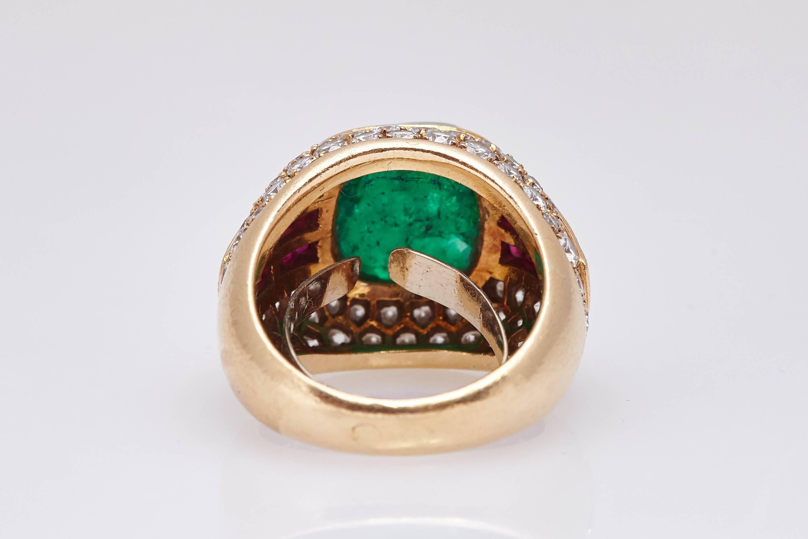 Cabochon Emerald Ruby Diamond Ring In Excellent Condition In New York, NY