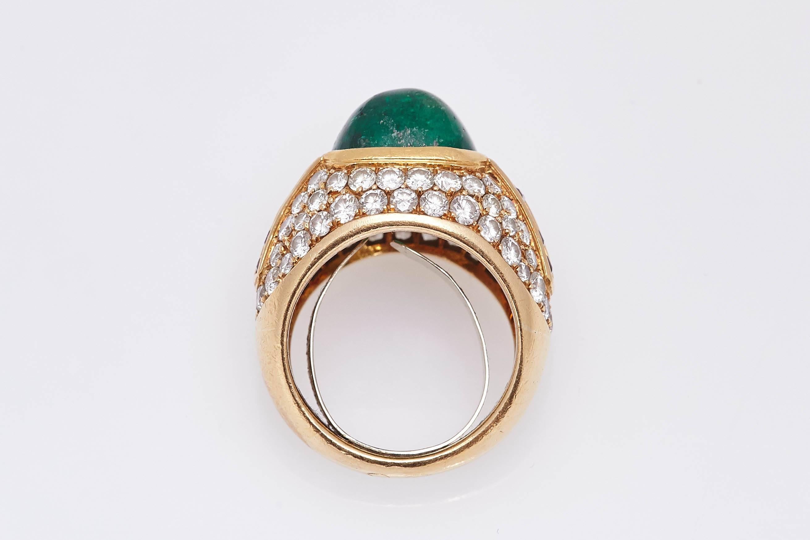 Women's or Men's Cabochon Emerald Ruby Diamond Ring